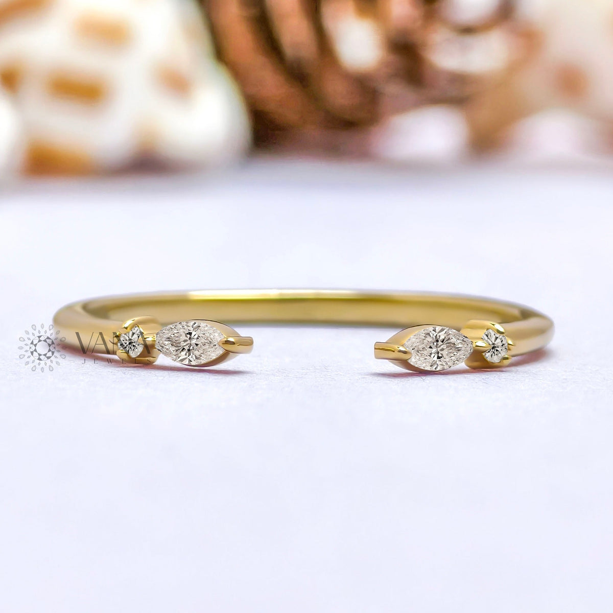 Open Gap Wedding Band with Marquise and Round Moissanite in 14K Gold