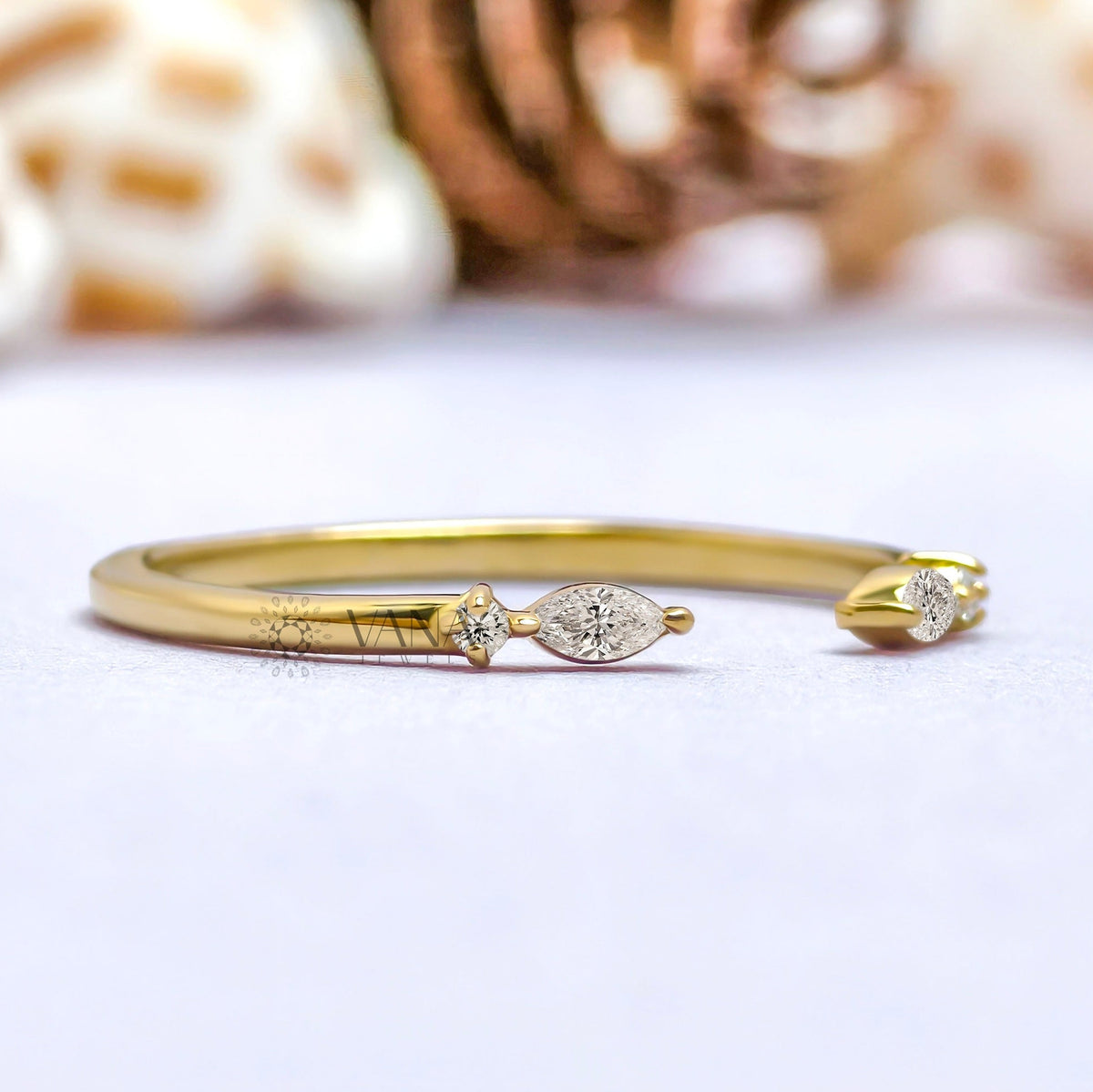 Open Gap Wedding Band with Marquise and Round Moissanite in 14K Gold