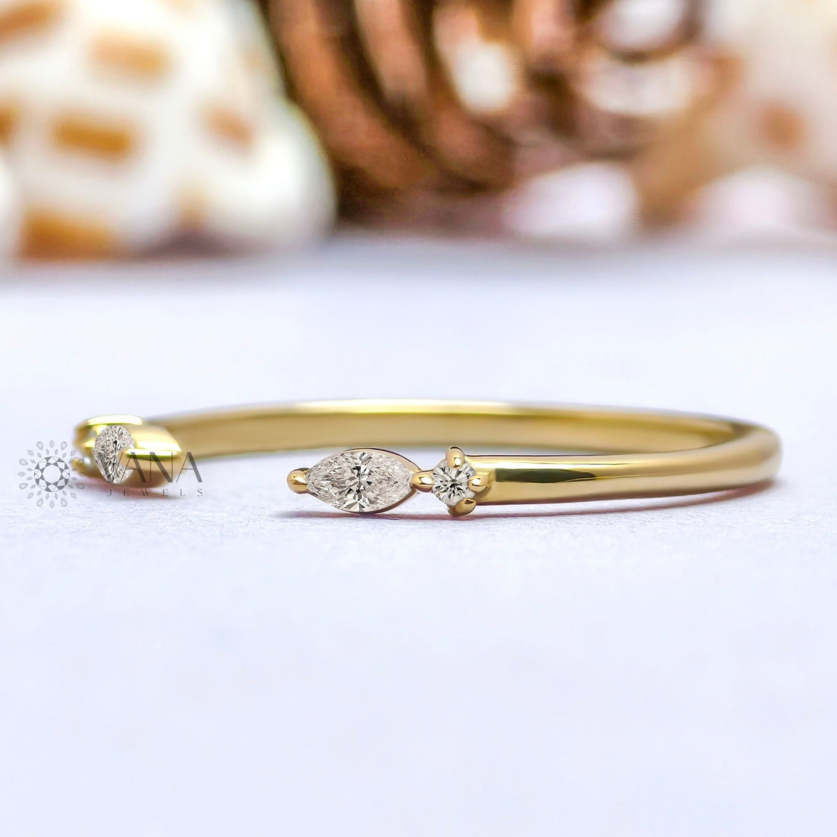 Open Gap Wedding Band with Marquise and Round Moissanite in 14K Gold