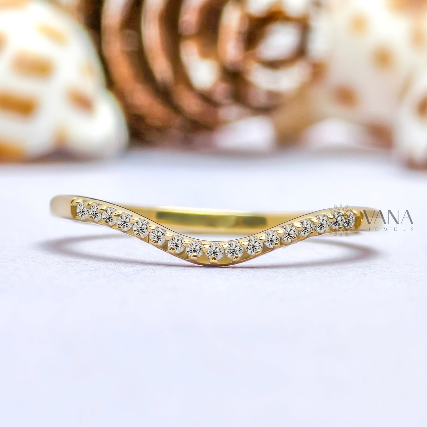 Curved Round Cut Moissanite Wedding Band with Minimalist Chevron Style in 14K Gold