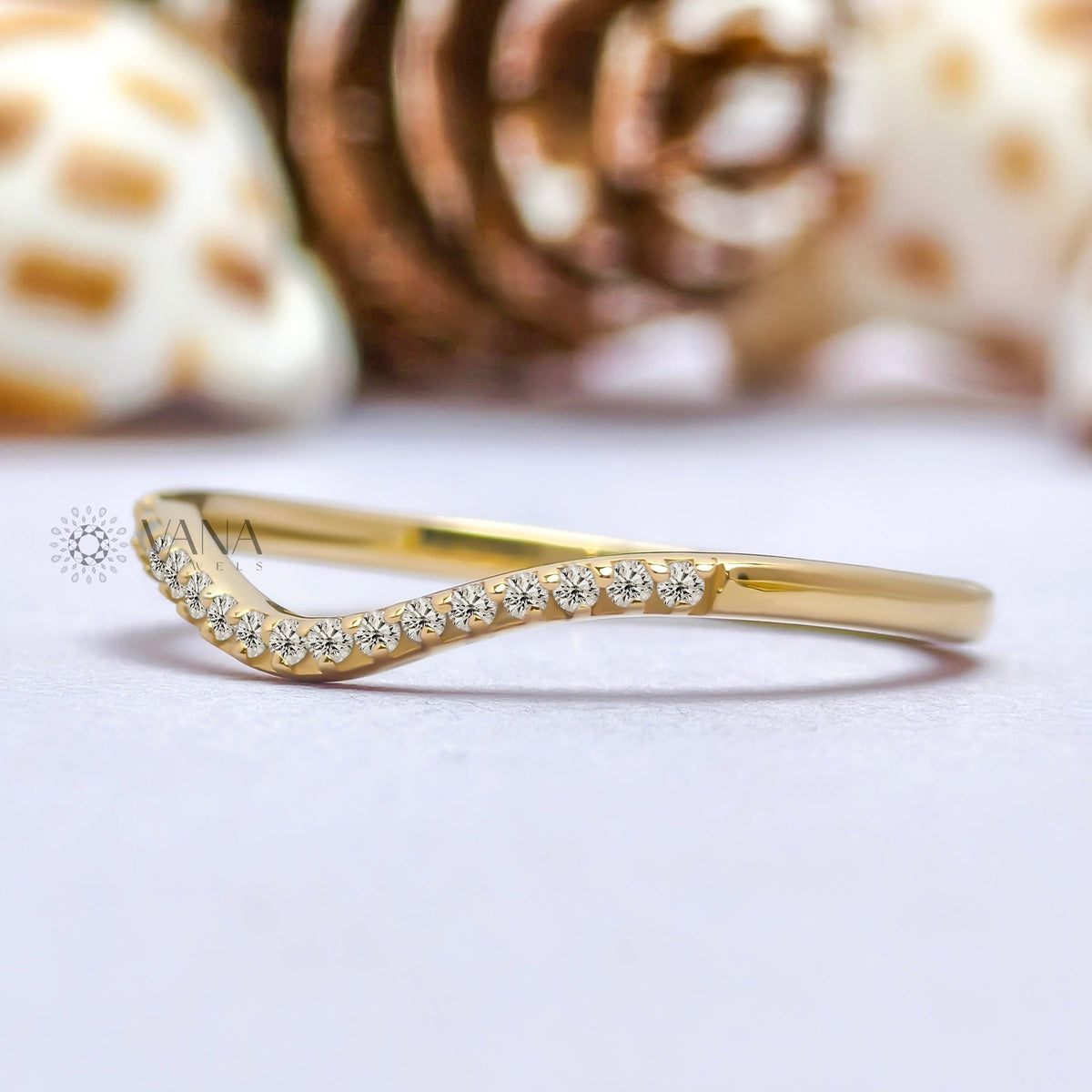 Curved Round Cut Moissanite Wedding Band with Minimalist Chevron Style in 14K Gold