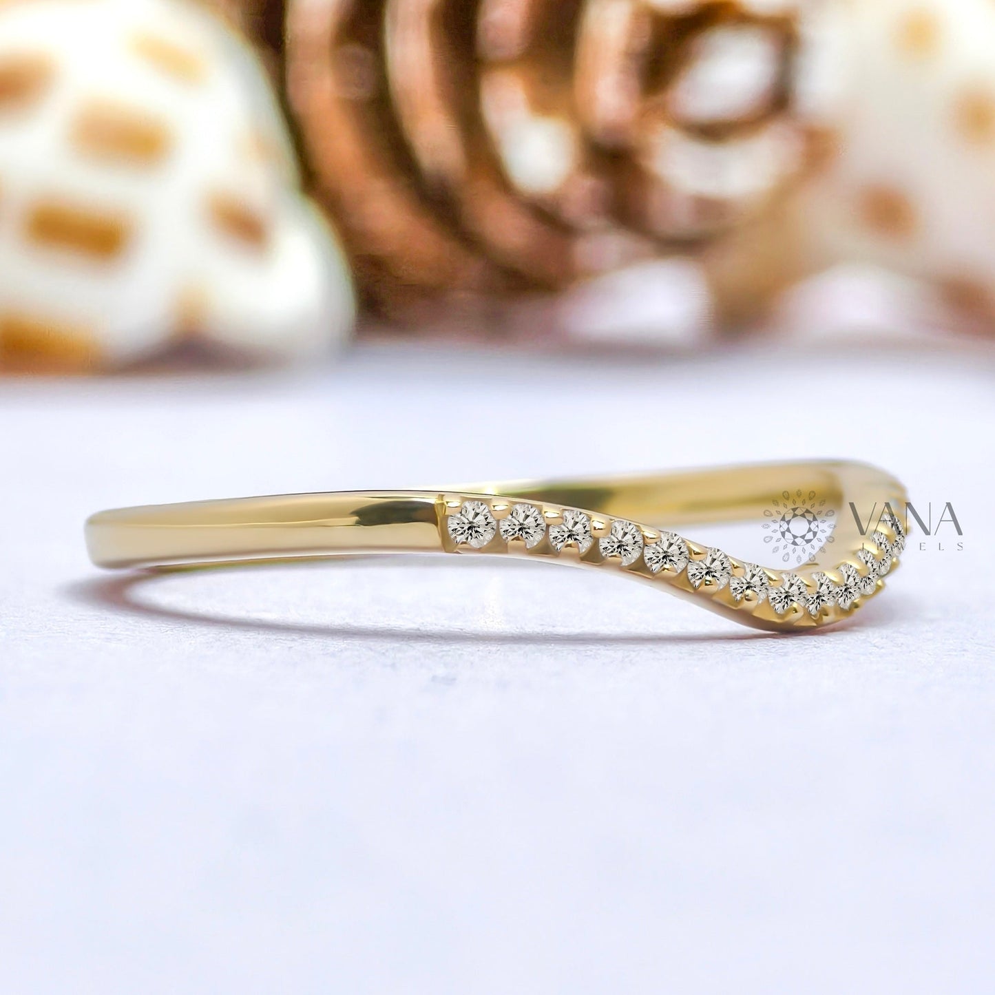Curved Round Cut Moissanite Wedding Band with Minimalist Chevron Style in 14K Gold
