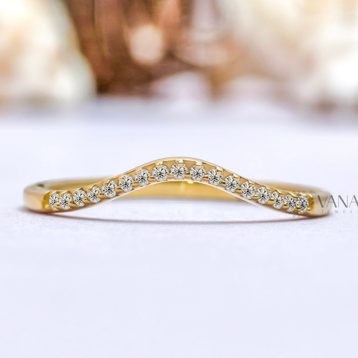 Curved Round Cut Moissanite Wedding Band with Minimalist Chevron Style in 14K Gold