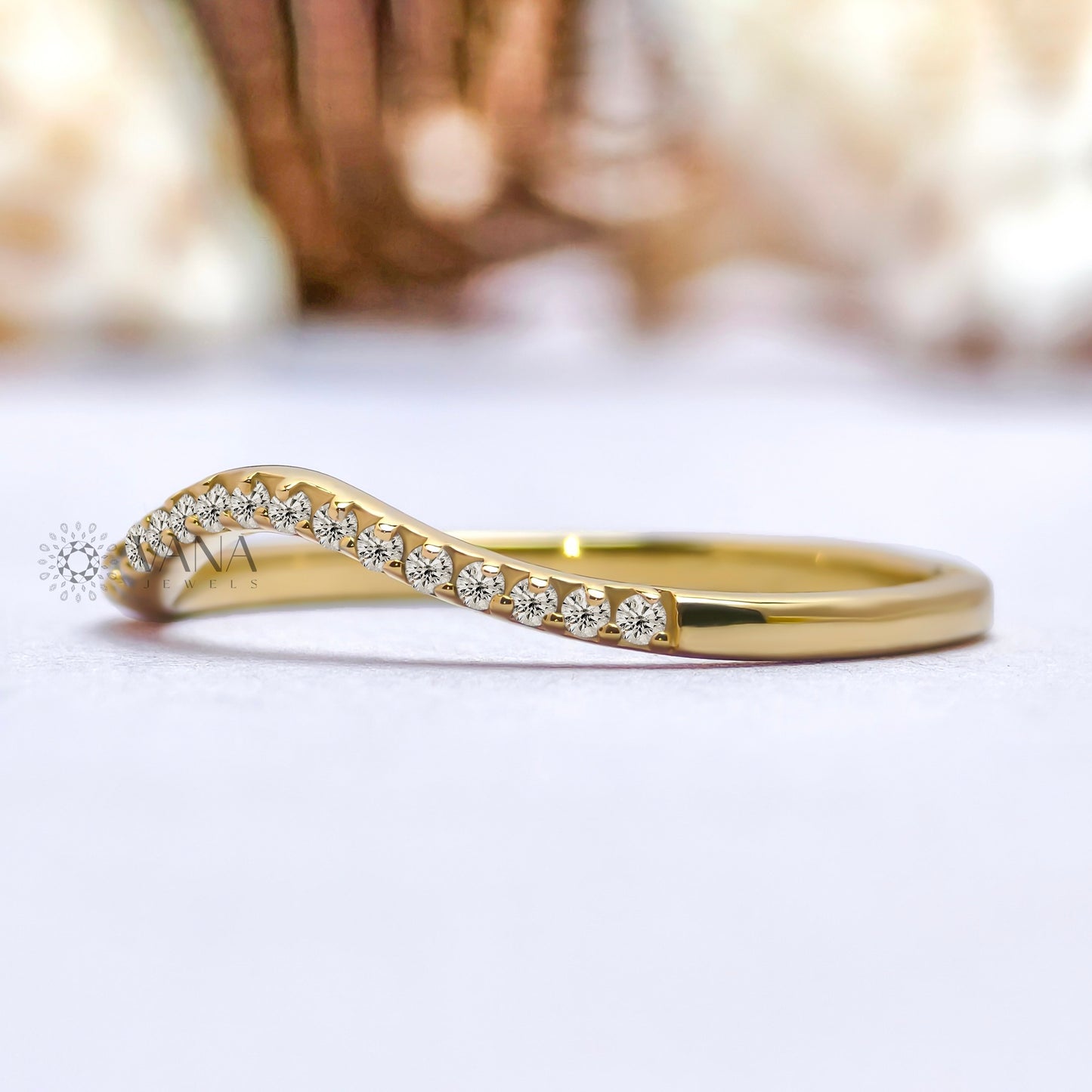 Curved Round Cut Moissanite Wedding Band with Minimalist Chevron Style in 14K Gold