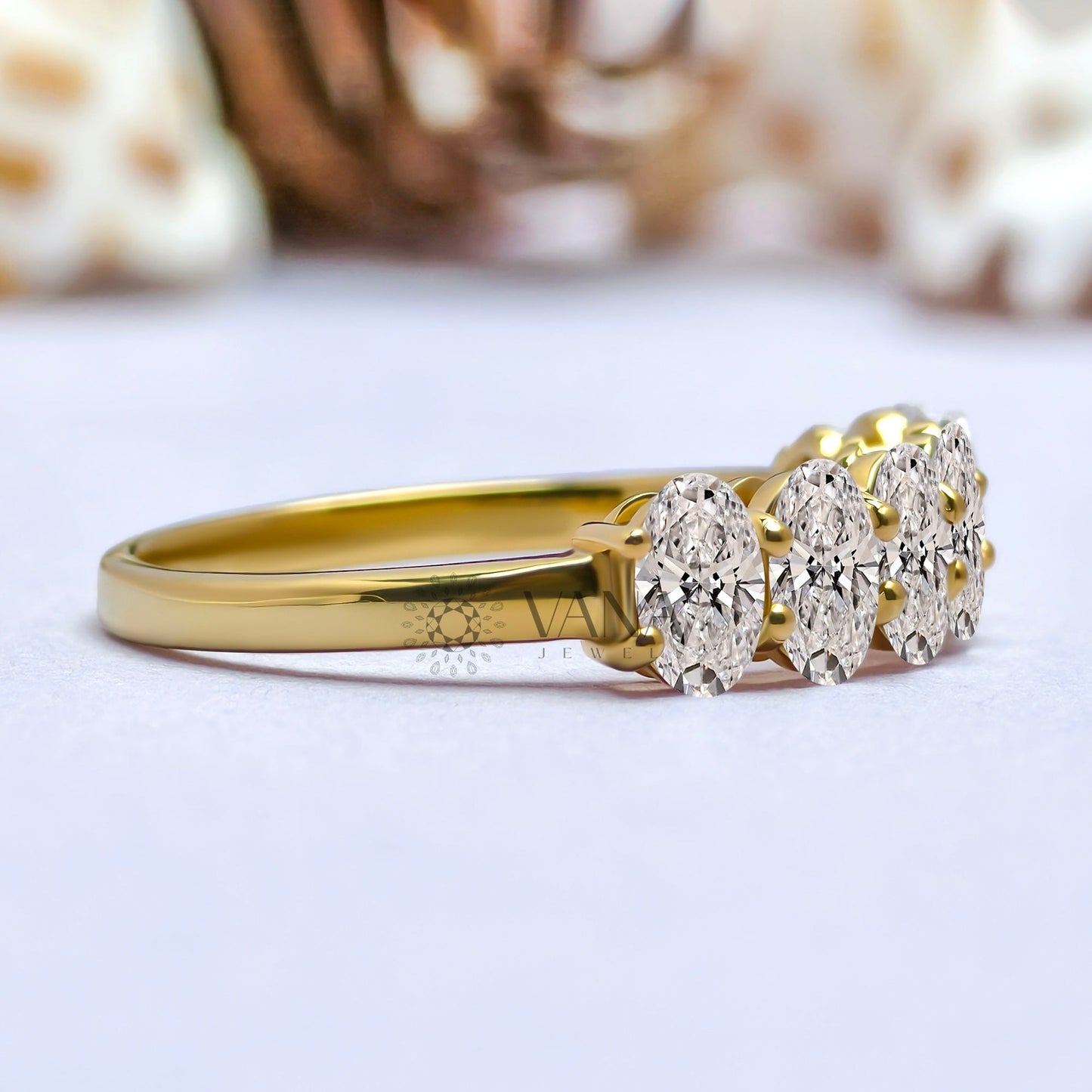 Oval Cut Moissanite Wedding Band, White Gold Stackable Anniversary Ring
