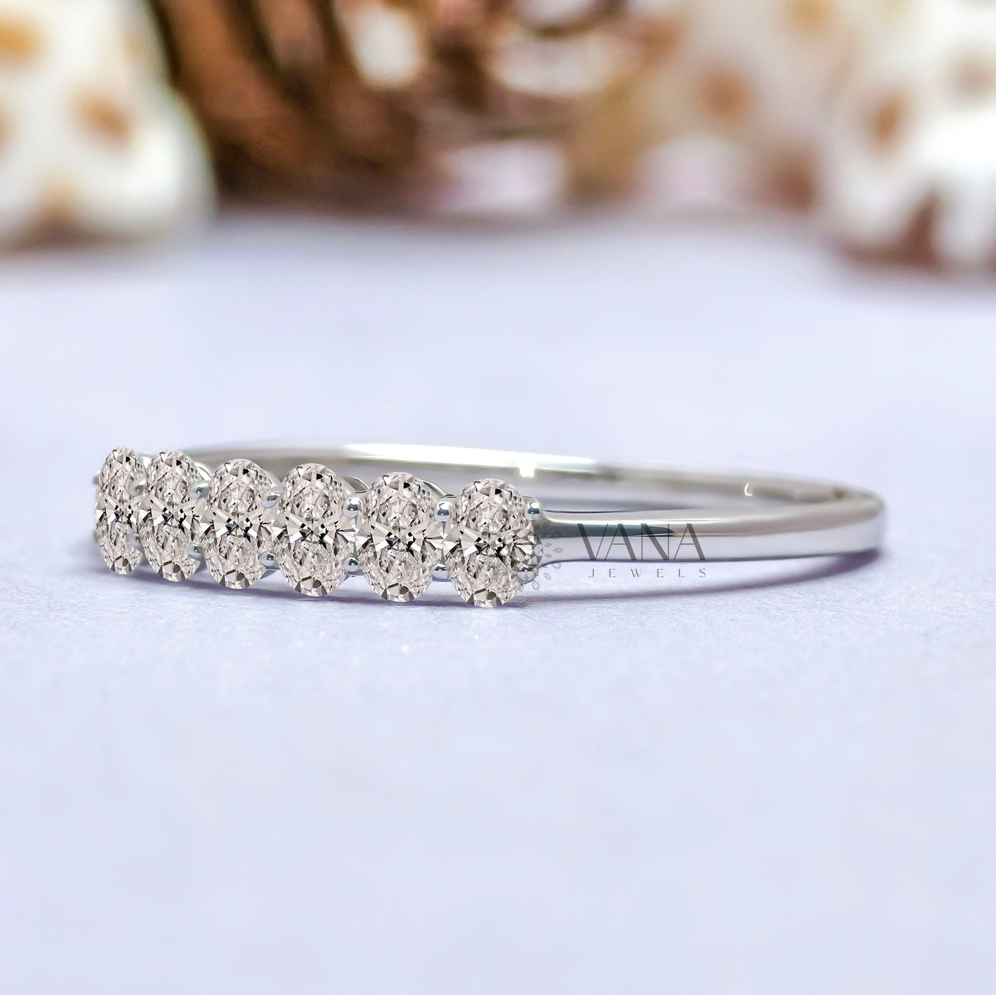 Oval Cut Moissanite Wedding Band, White Gold Stackable Anniversary Ring