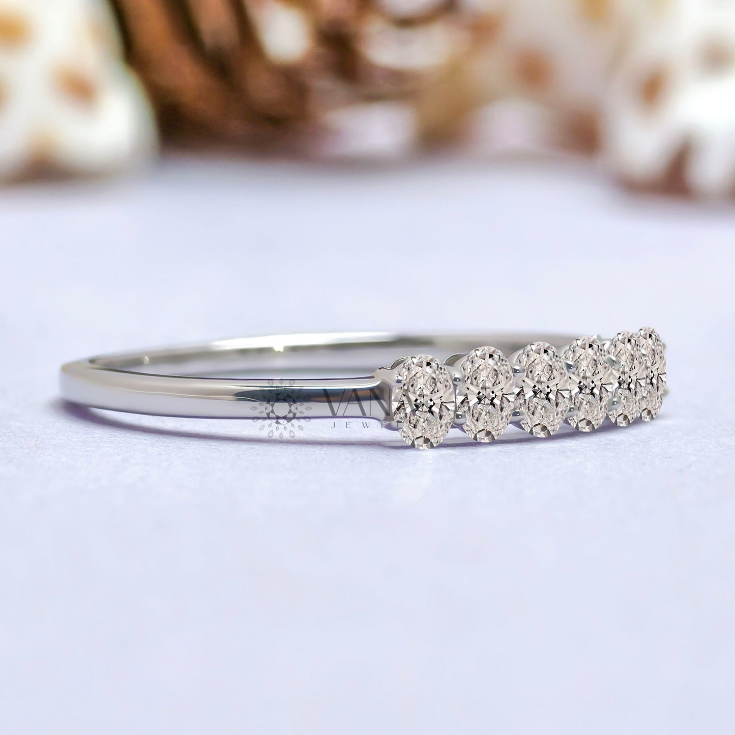 Oval Cut Moissanite Wedding Band, White Gold Stackable Anniversary Ring