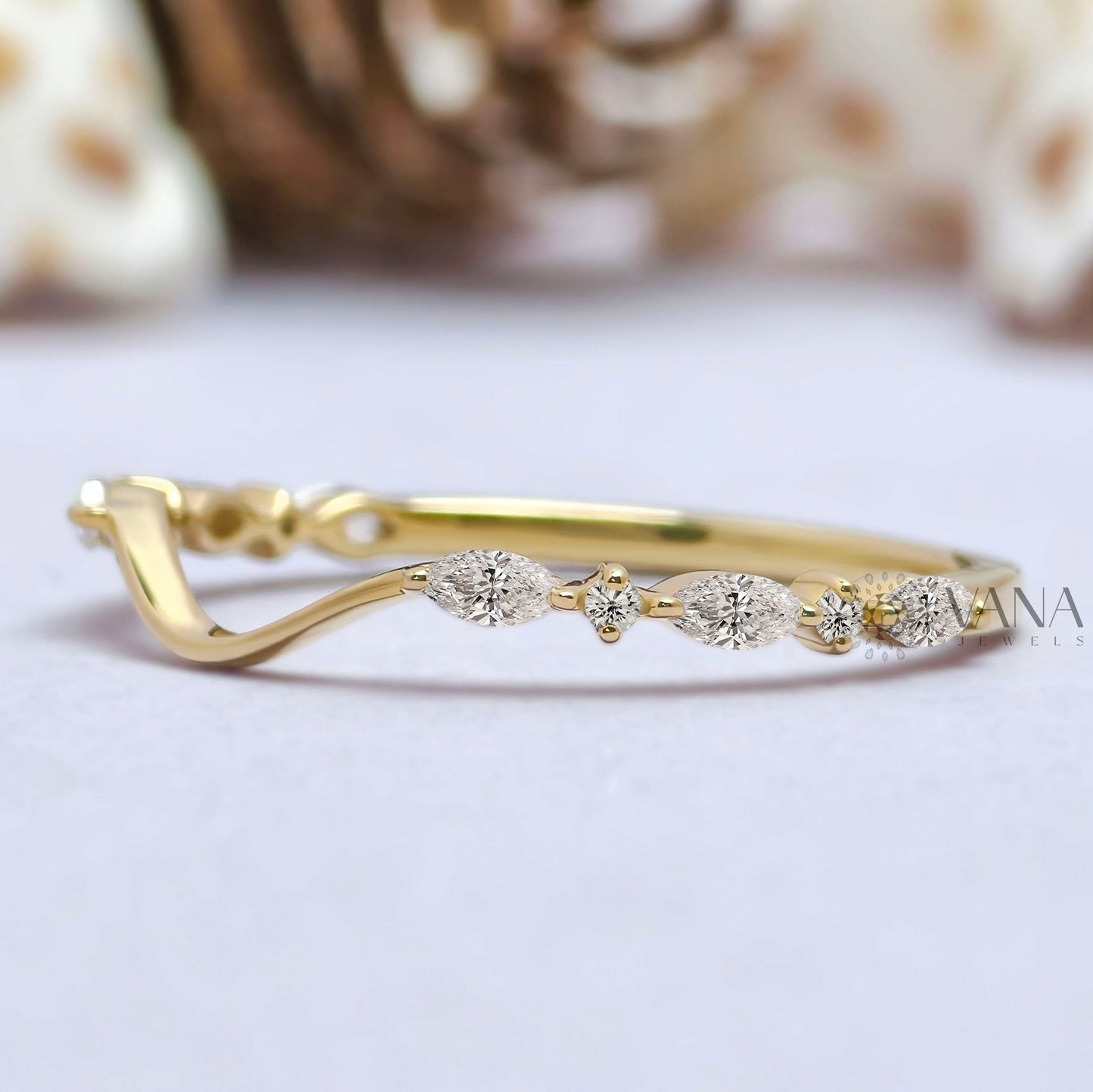 Curved Marquise and Round Moissanite Chevron Wedding Band in Solid Gold