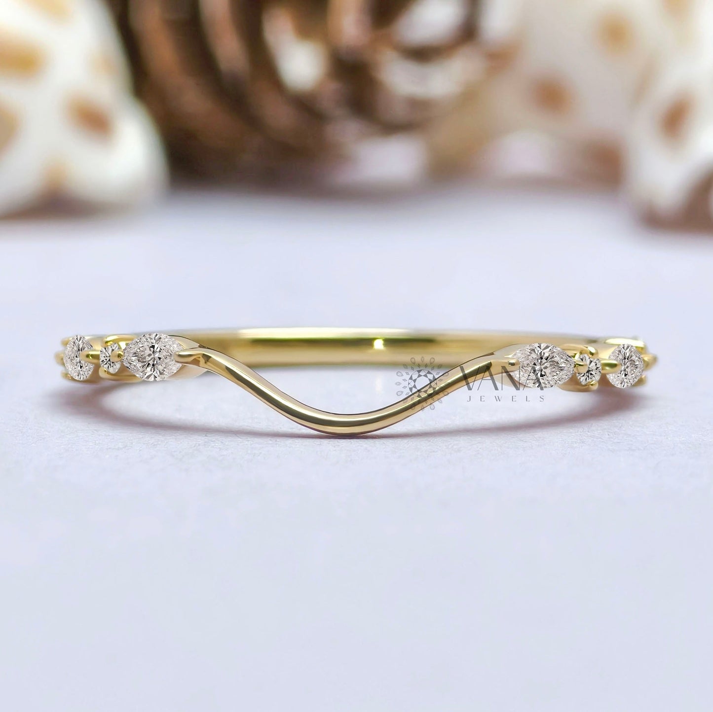 Curved Marquise and Round Moissanite Chevron Wedding Band in Solid Gold