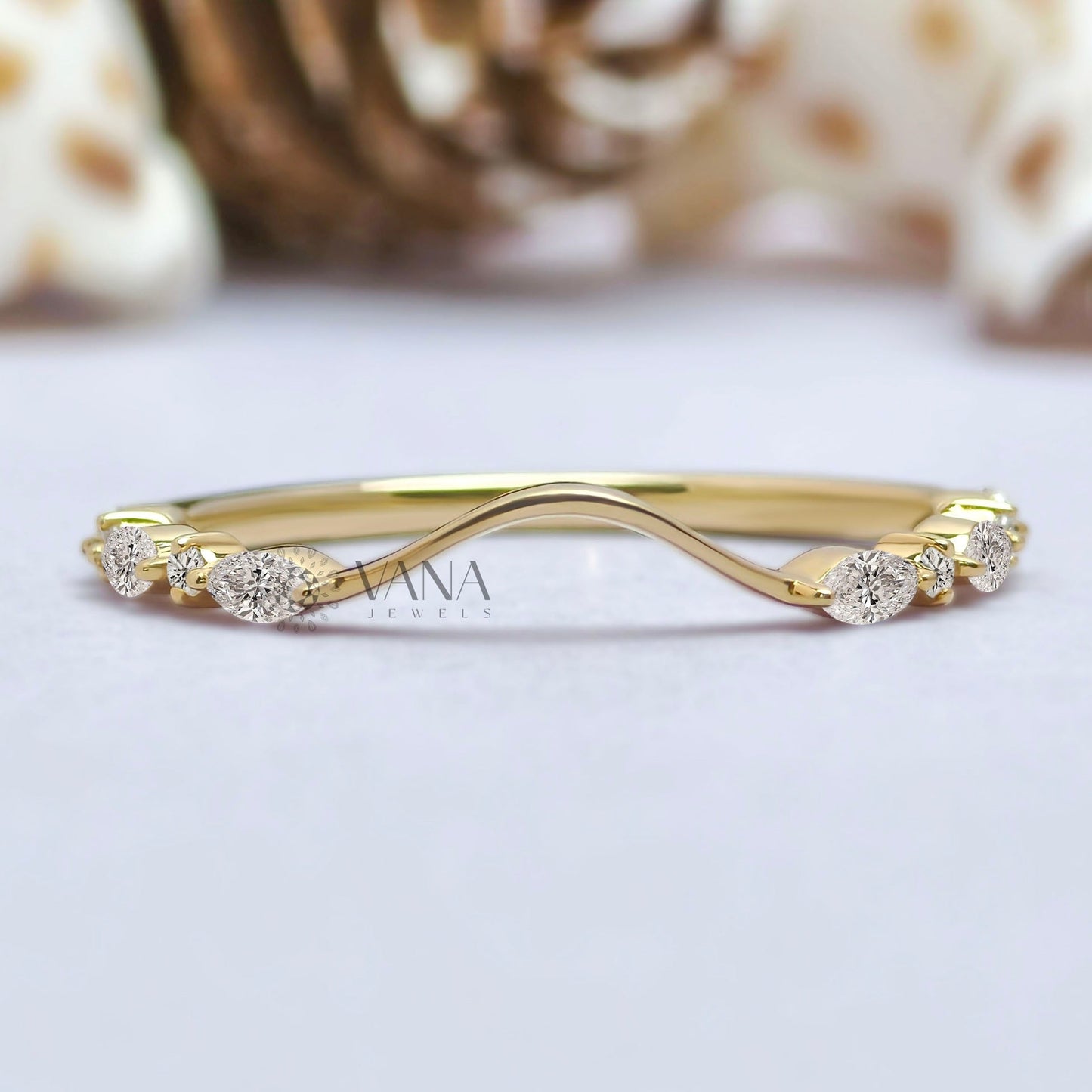Curved Marquise and Round Moissanite Chevron Wedding Band in Solid Gold
