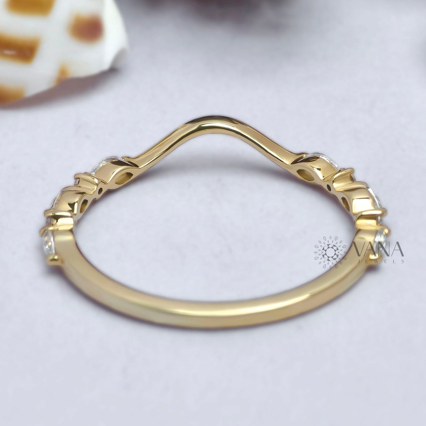 Curved Marquise and Round Moissanite Chevron Wedding Band in Solid Gold