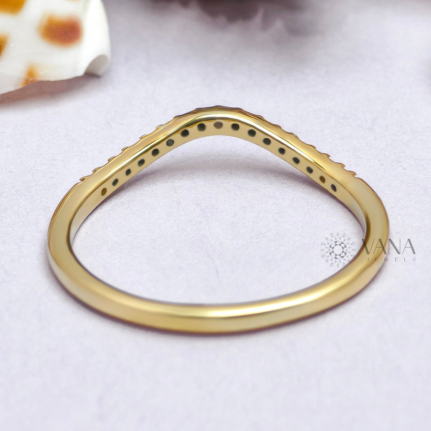 Curved Round Cut Moissanite Wedding Band with Minimalist Chevron Style in 14K Gold