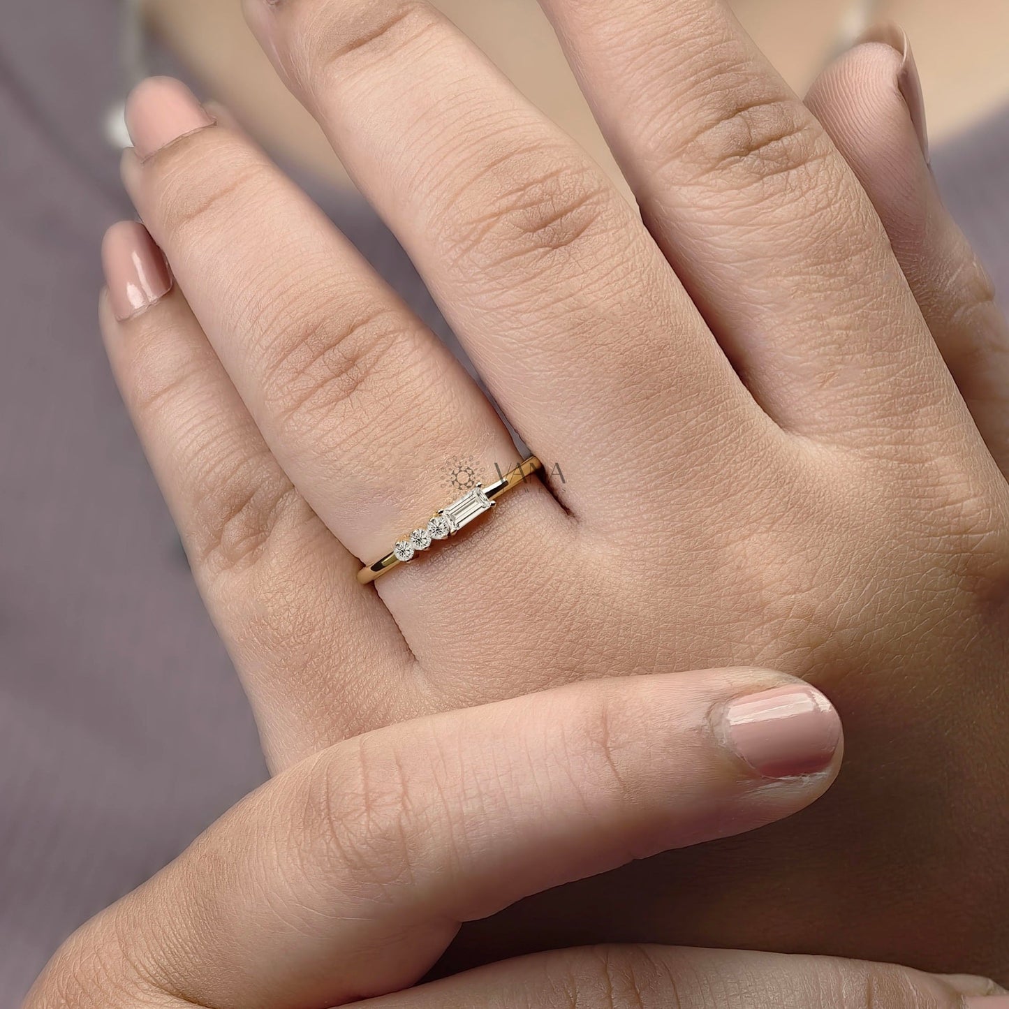 Minimalist Baguette and Round Cut Moissanite Stackable Wedding Band in Gold
