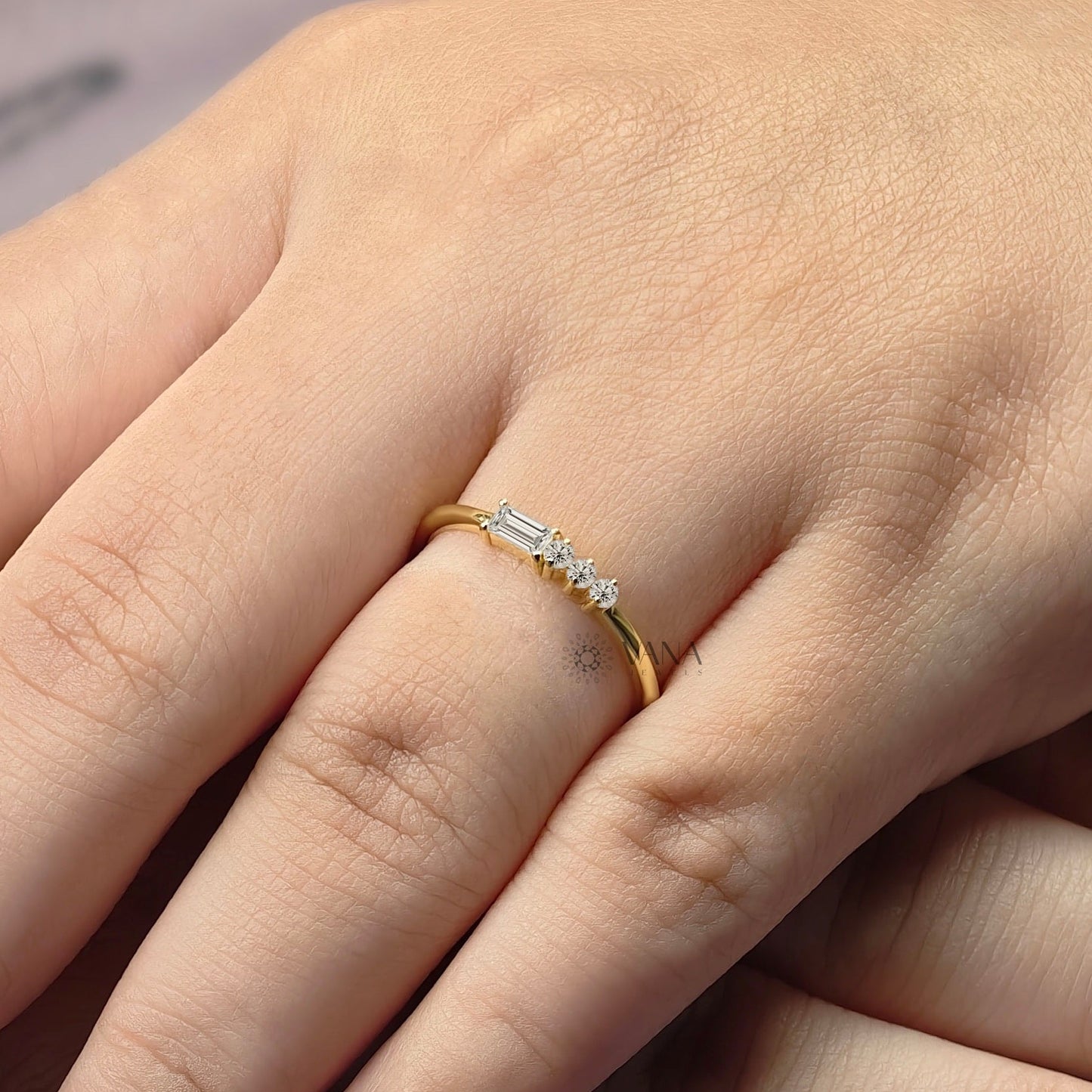 Minimalist Baguette and Round Cut Moissanite Stackable Wedding Band in Gold