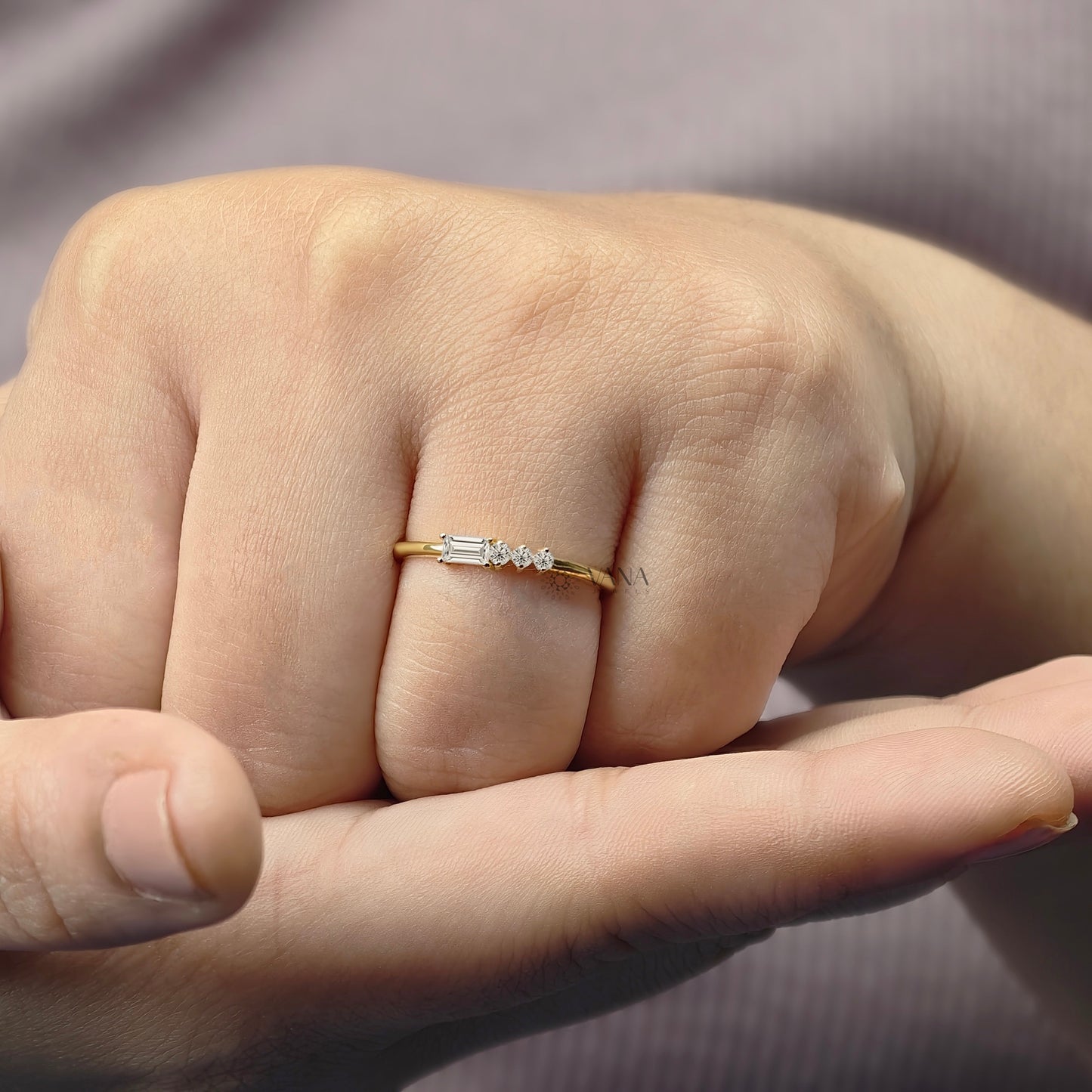 Minimalist Baguette and Round Cut Moissanite Stackable Wedding Band in Gold