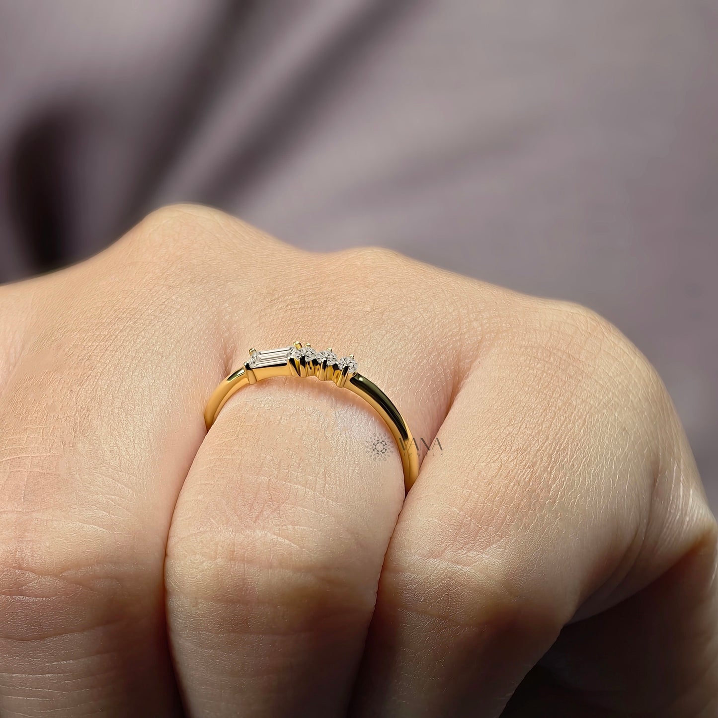 Minimalist Baguette and Round Cut Moissanite Stackable Wedding Band in Gold