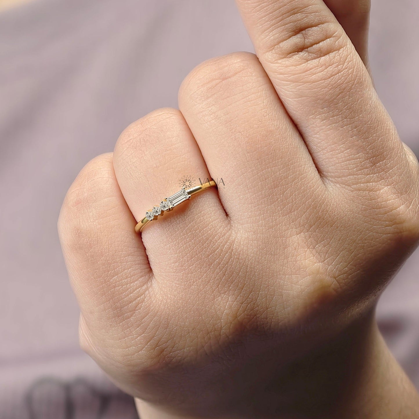 Minimalist Baguette and Round Cut Moissanite Stackable Wedding Band in Gold