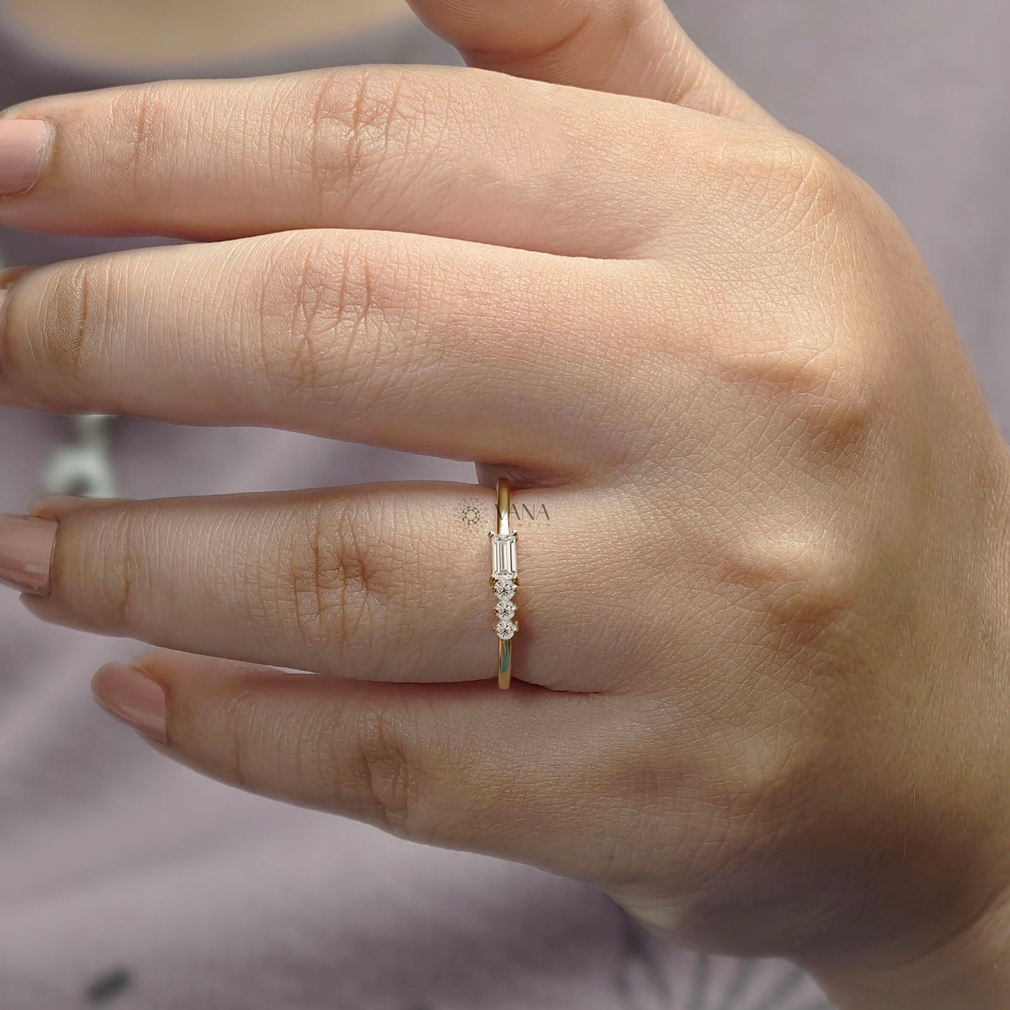 Minimalist Baguette and Round Cut Moissanite Stackable Wedding Band in Gold