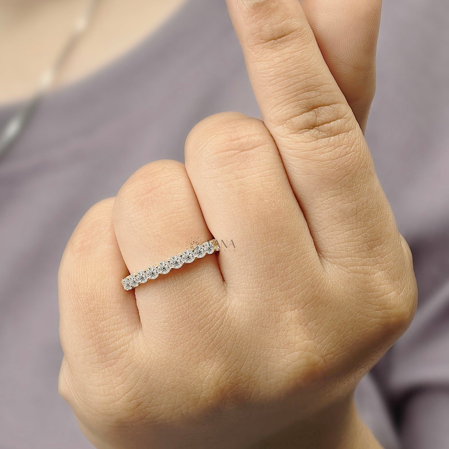Round Cut Moissanite Full Eternity Wedding Band with Three Side Stones