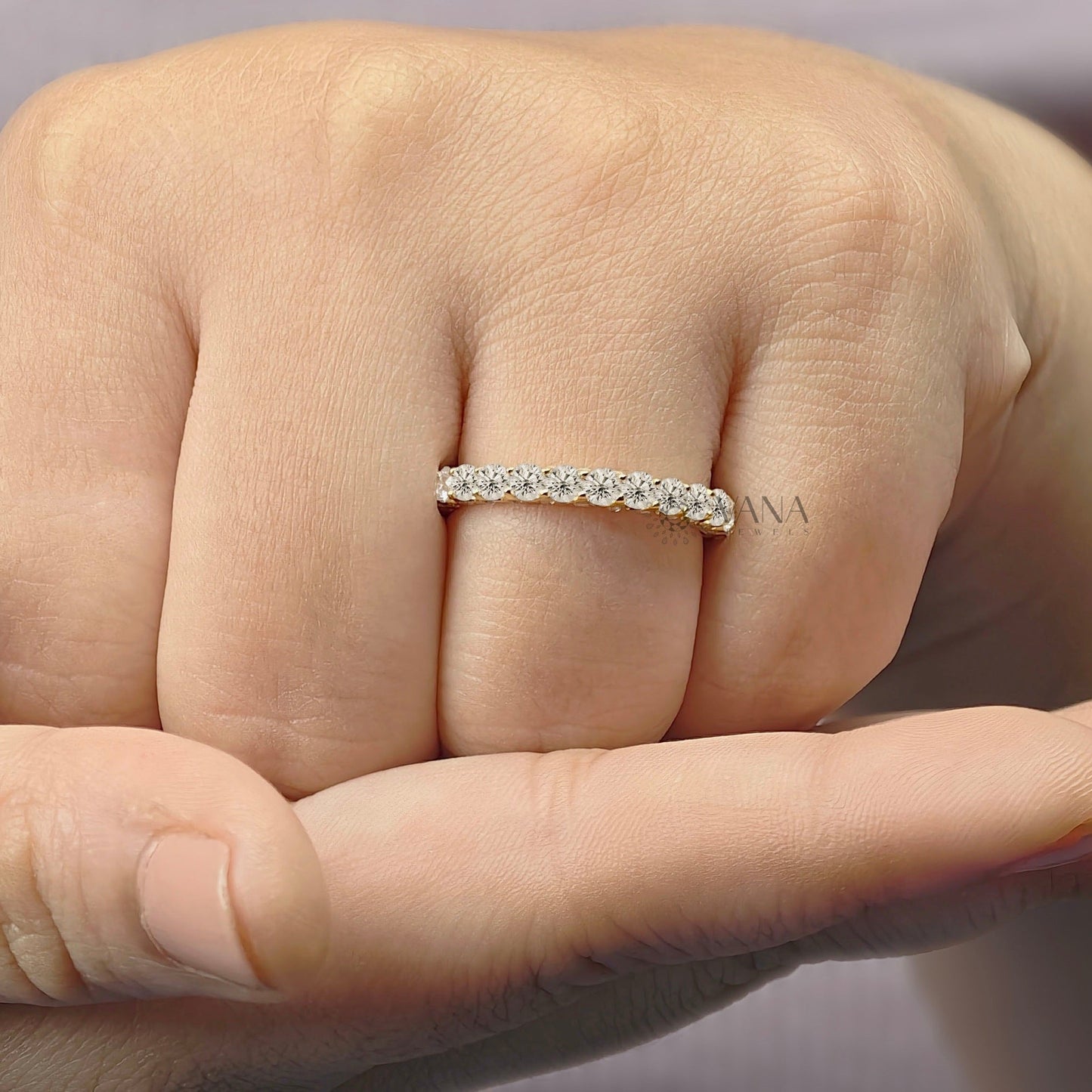 Round Cut Moissanite Full Eternity Wedding Band with Three Side Stones