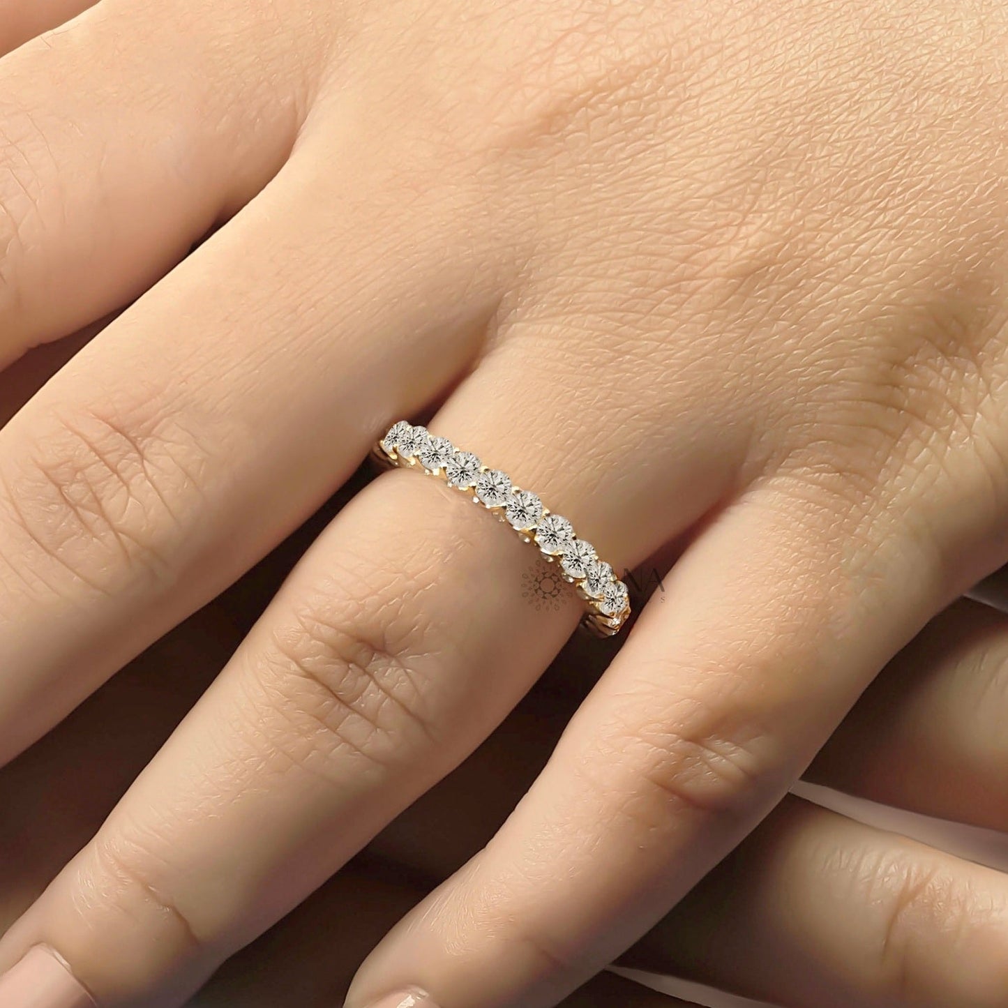 Round Cut Moissanite Full Eternity Wedding Band with Three Side Stones
