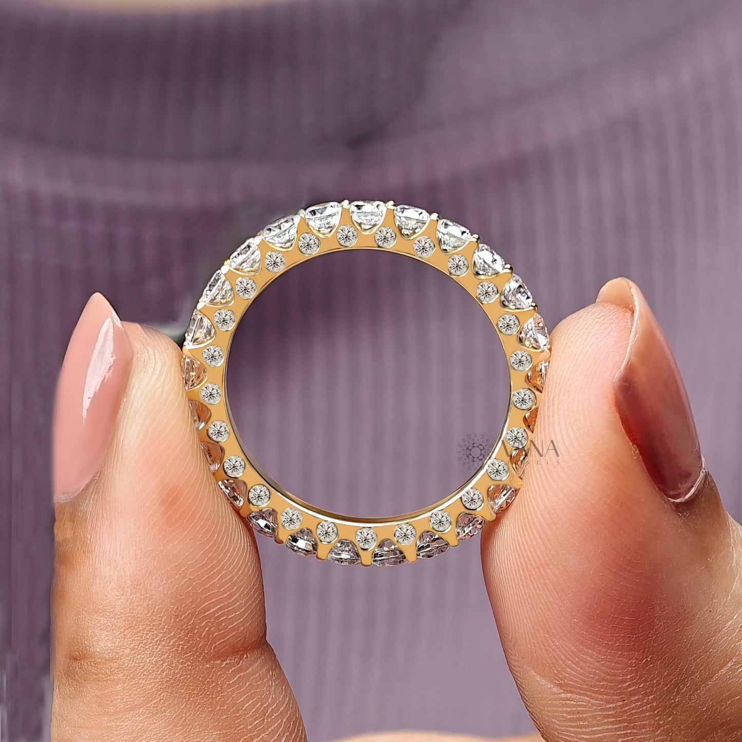 Round Cut Moissanite Full Eternity Wedding Band with Three Side Stones