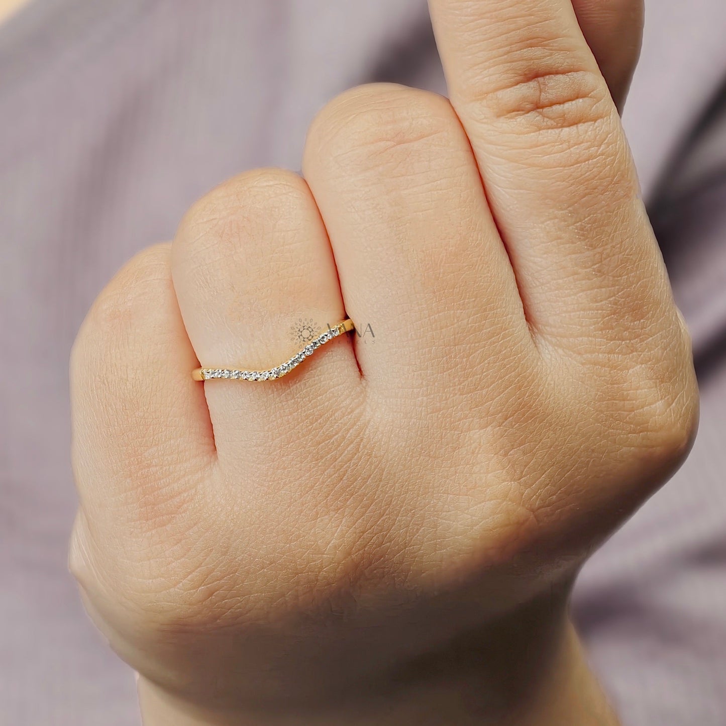 Curved Round Cut Moissanite Wedding Band with Minimalist Chevron Style in 14K Gold