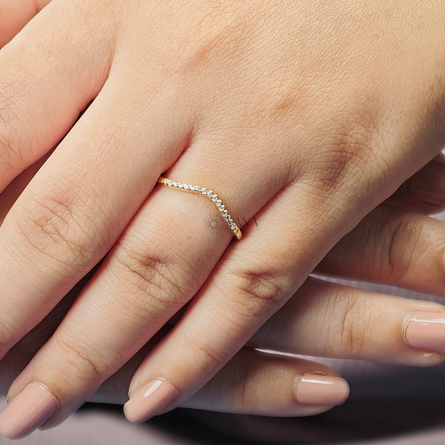 Curved Round Cut Moissanite Wedding Band with Minimalist Chevron Style in 14K Gold