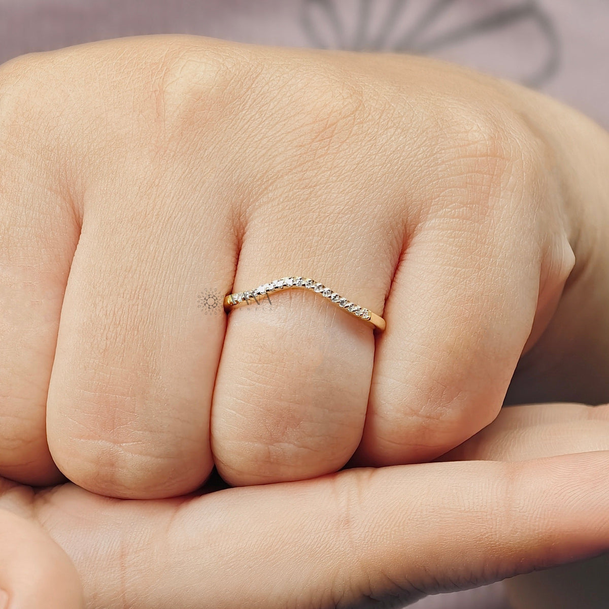 Curved Round Cut Moissanite Wedding Band with Minimalist Chevron Style in 14K Gold