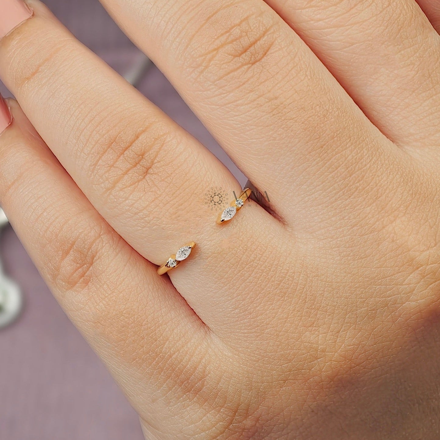 Open Gap Wedding Band with Marquise and Round Moissanite in 14K Gold