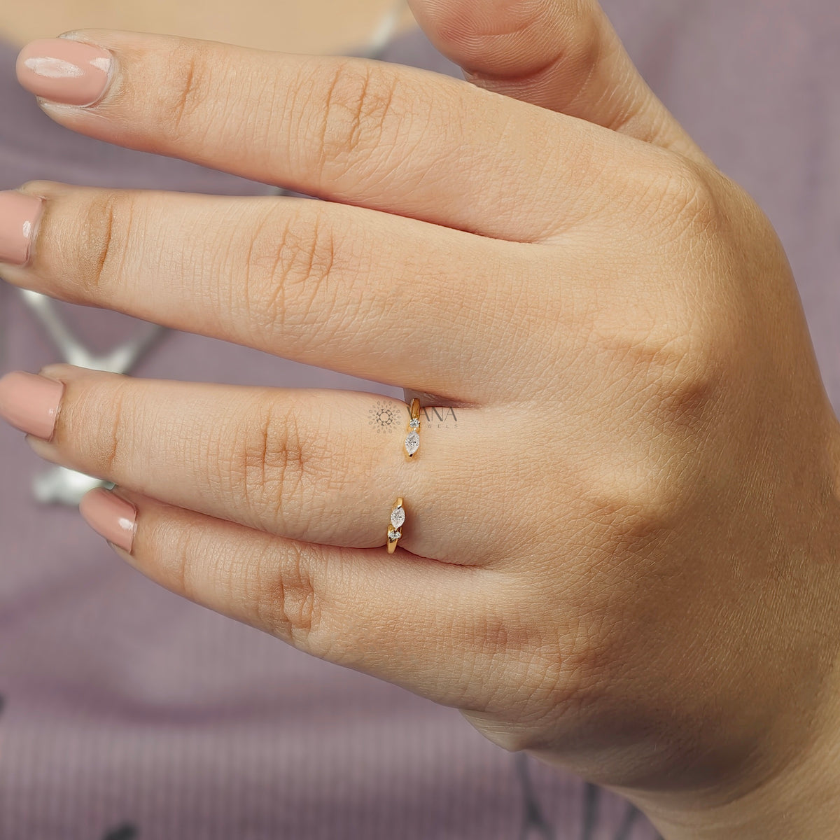 Open Gap Wedding Band with Marquise and Round Moissanite in 14K Gold