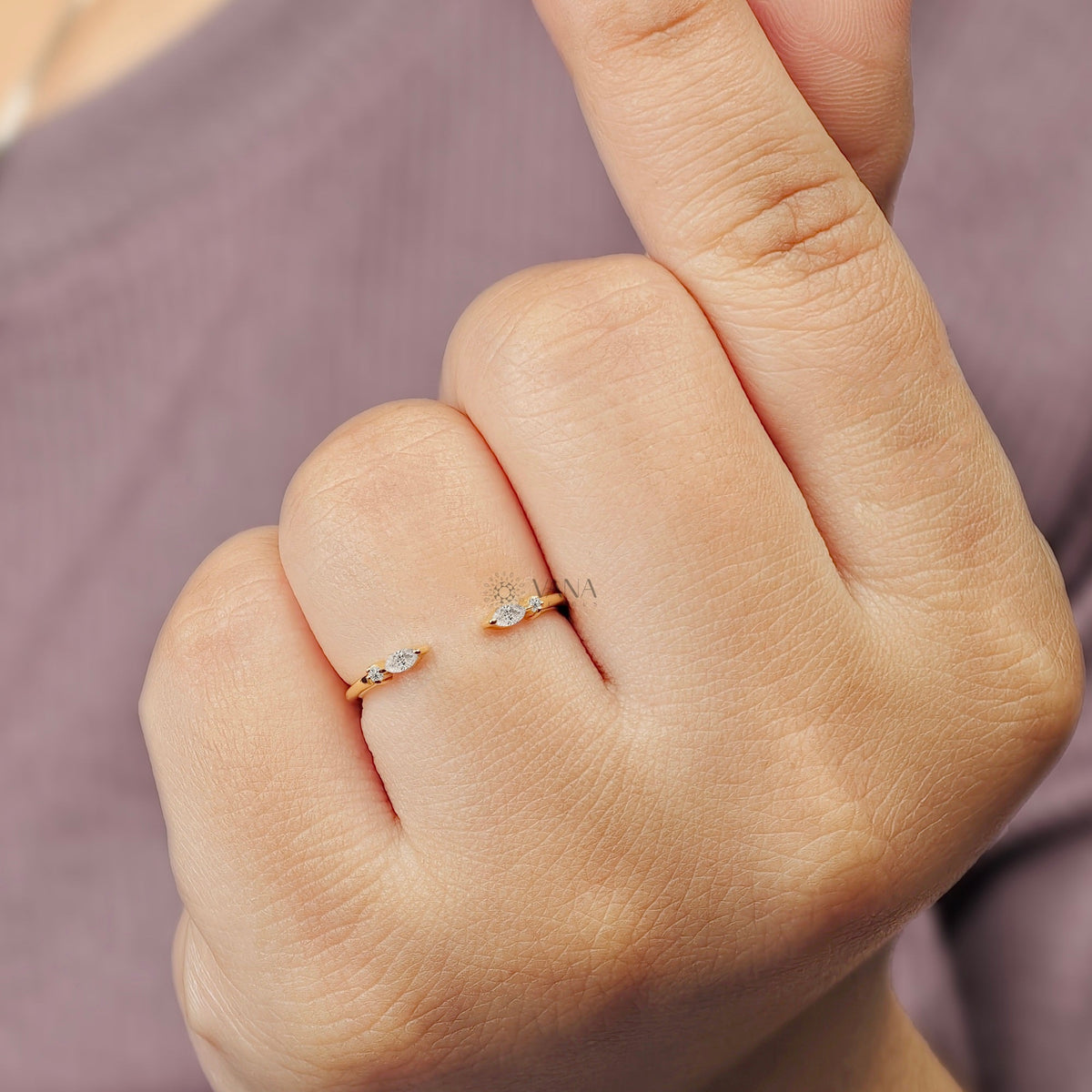 Open Gap Wedding Band with Marquise and Round Moissanite in 14K Gold