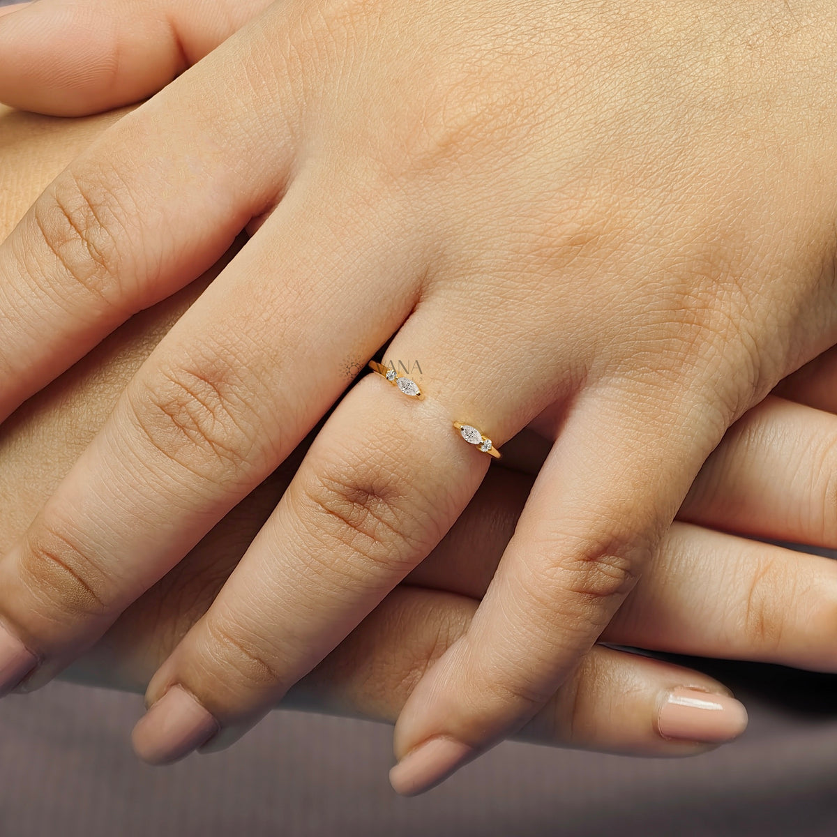 Open Gap Wedding Band with Marquise and Round Moissanite in 14K Gold