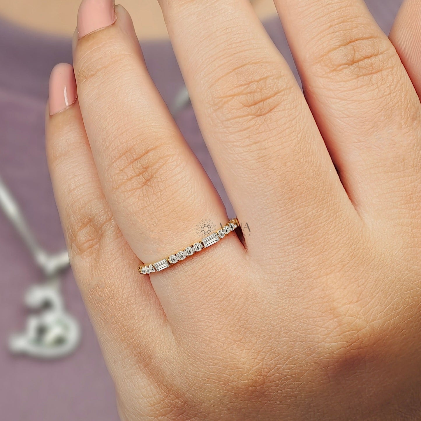 Baguette and Round Cut Moissanite Stackable Wedding Band in Yellow Gold