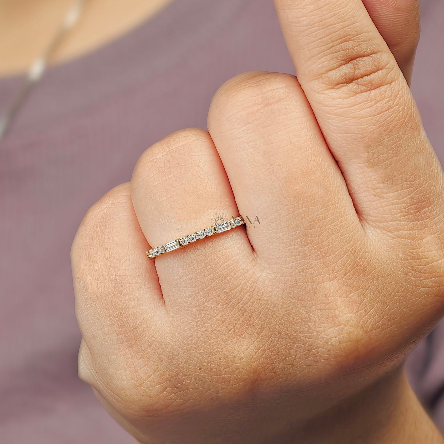 Baguette and Round Cut Moissanite Stackable Wedding Band in Yellow Gold