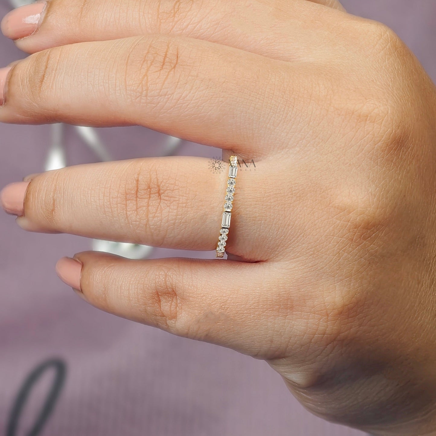 Baguette and Round Cut Moissanite Stackable Wedding Band in Yellow Gold
