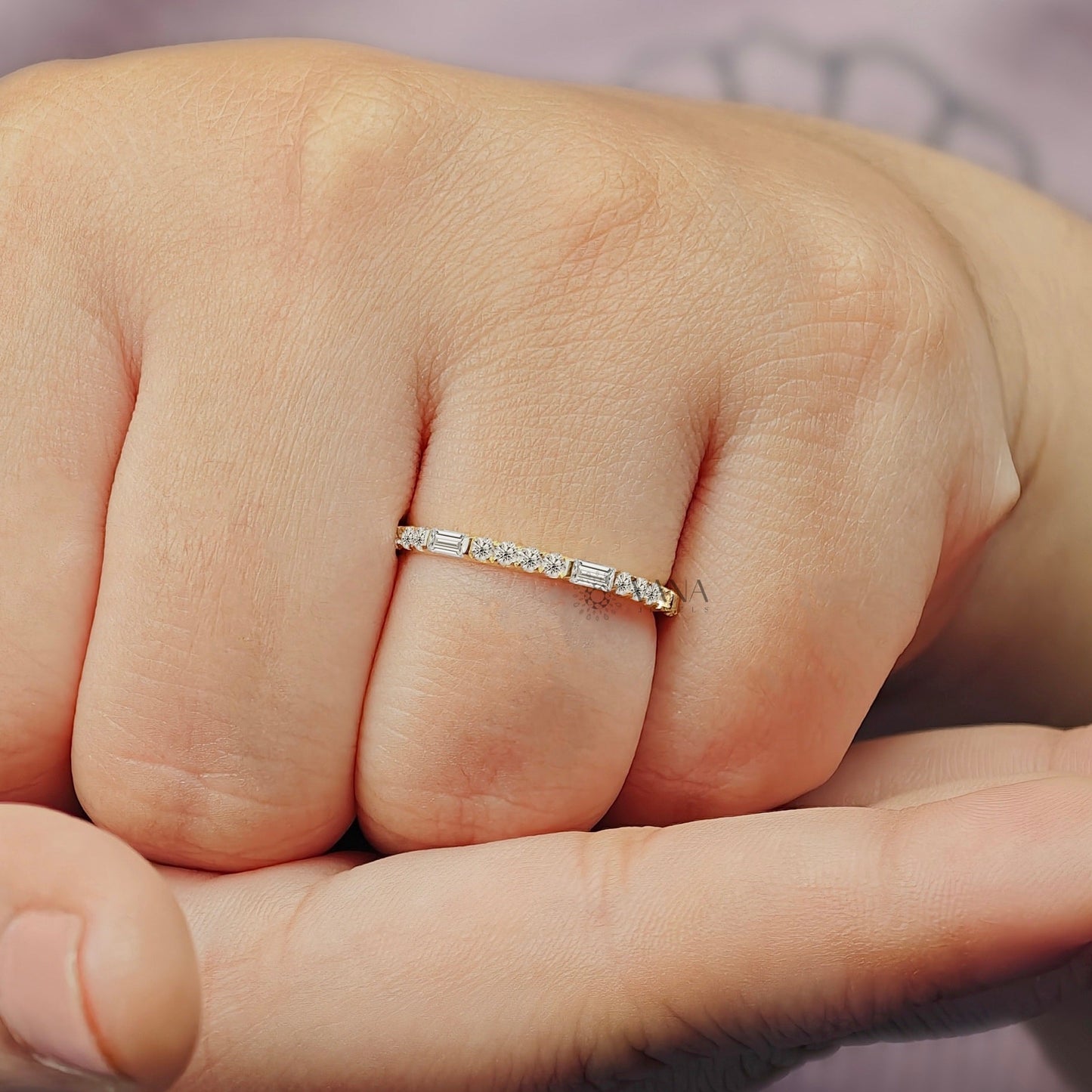 Baguette and Round Cut Moissanite Stackable Wedding Band in Yellow Gold