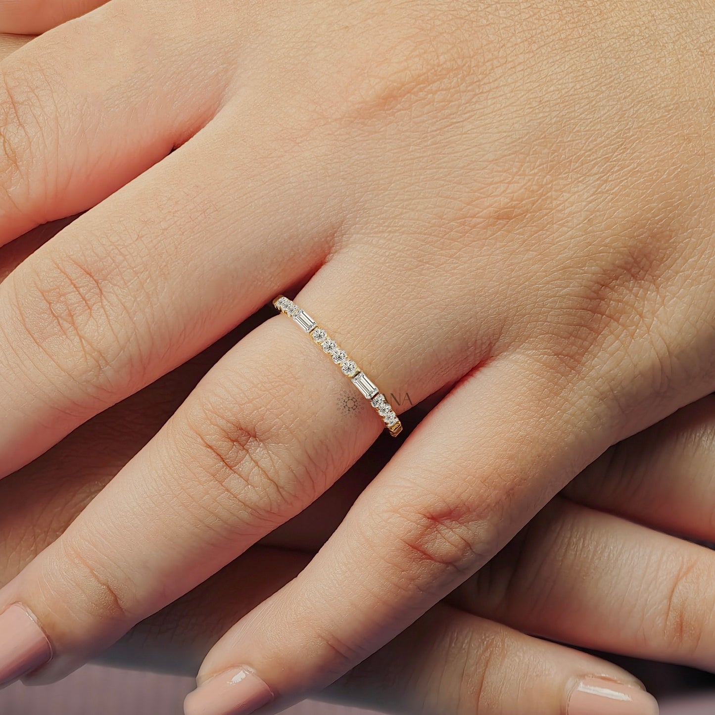 Baguette and Round Cut Moissanite Stackable Wedding Band in Yellow Gold