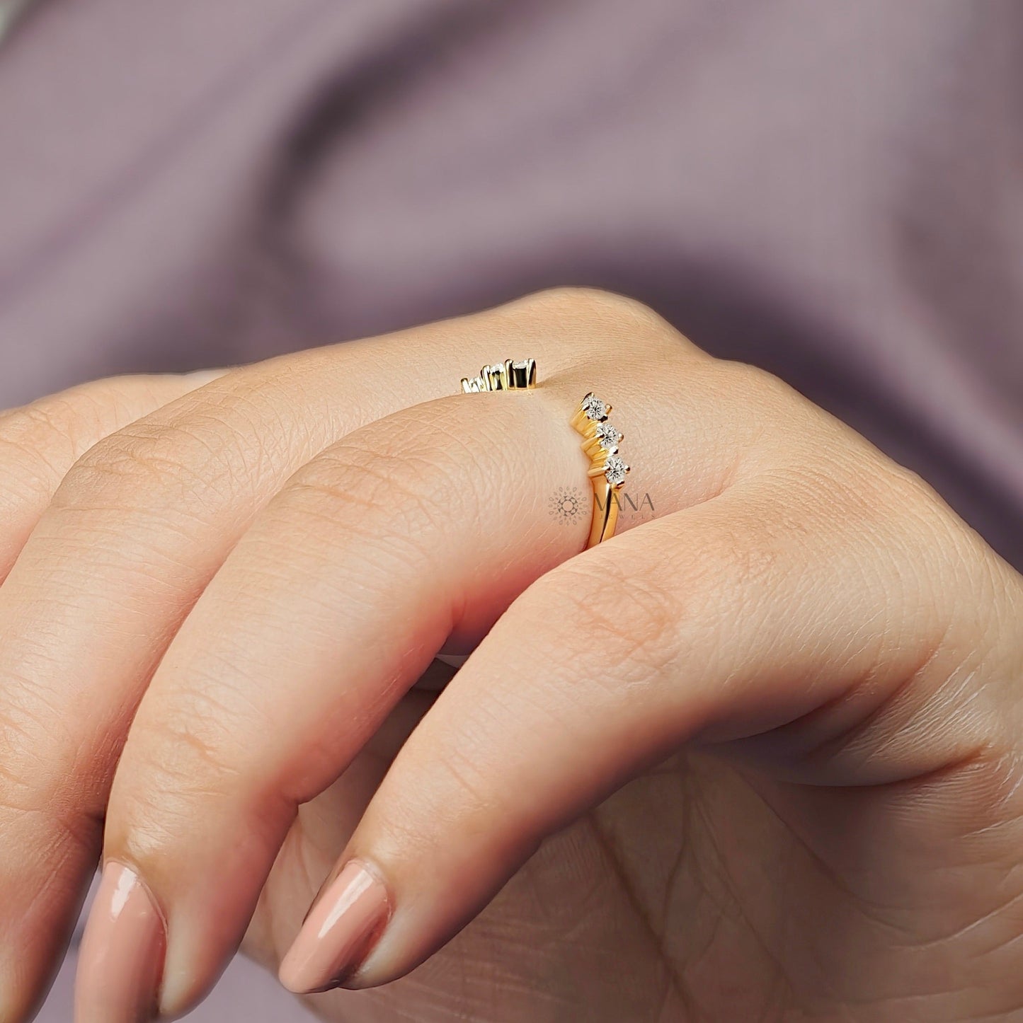 Round Cut Open Gap Moissanite Stackable Wedding Band in Yellow Gold