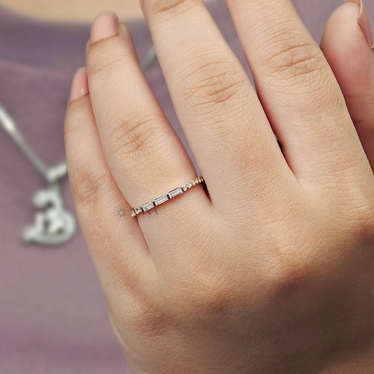 Baguette and Round Cut Moissanite Stackable Wedding Band in Gold