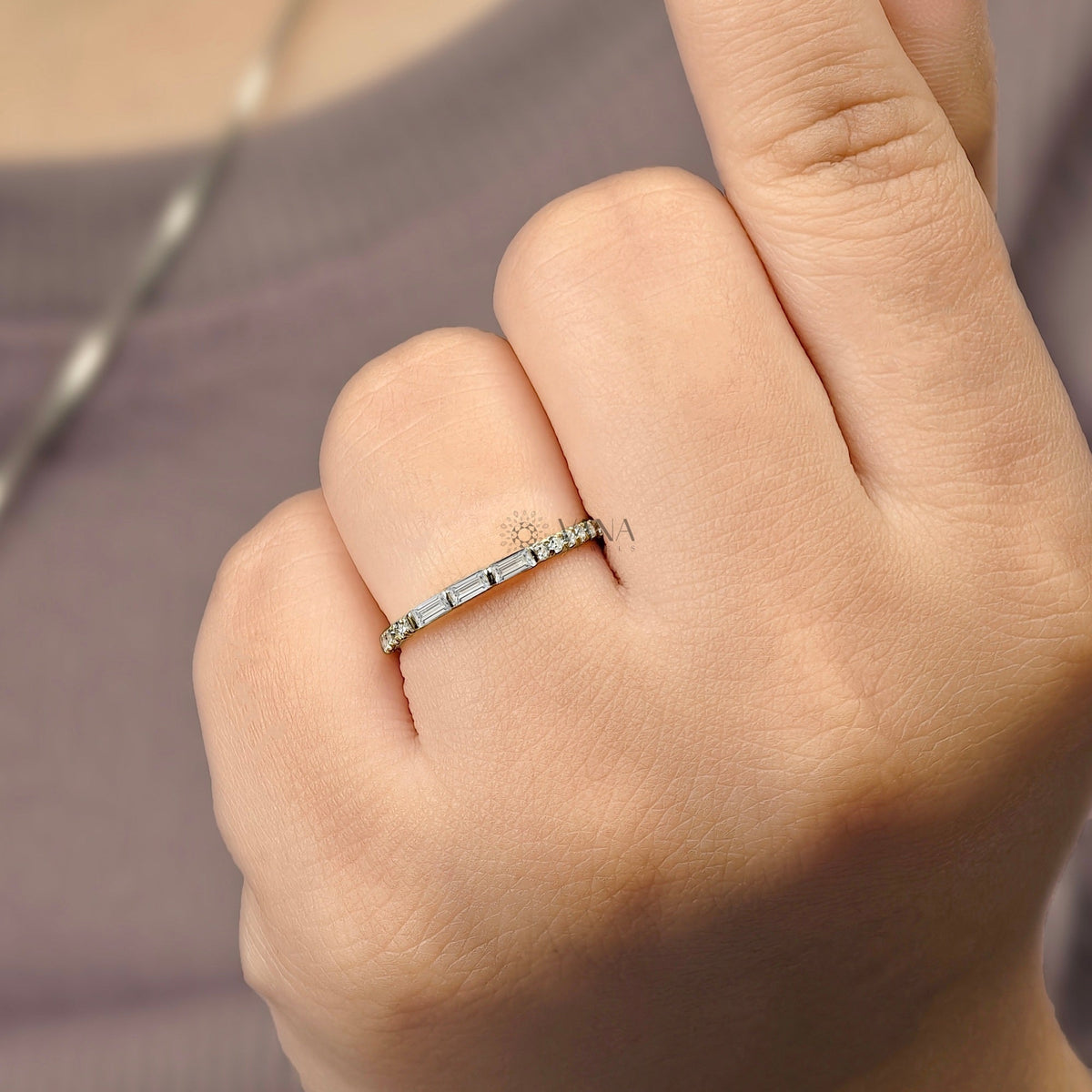 Baguette and Round Cut Moissanite Stackable Wedding Band in Gold