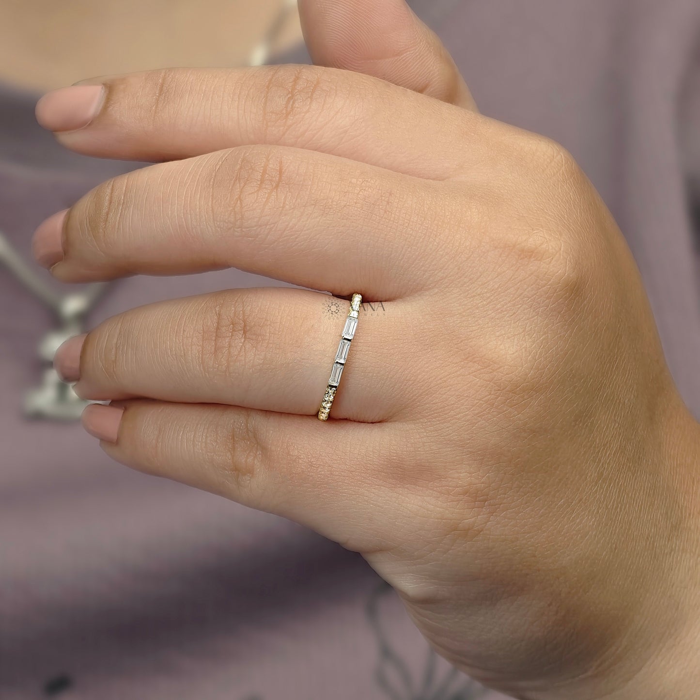 Baguette and Round Cut Moissanite Stackable Wedding Band in Gold