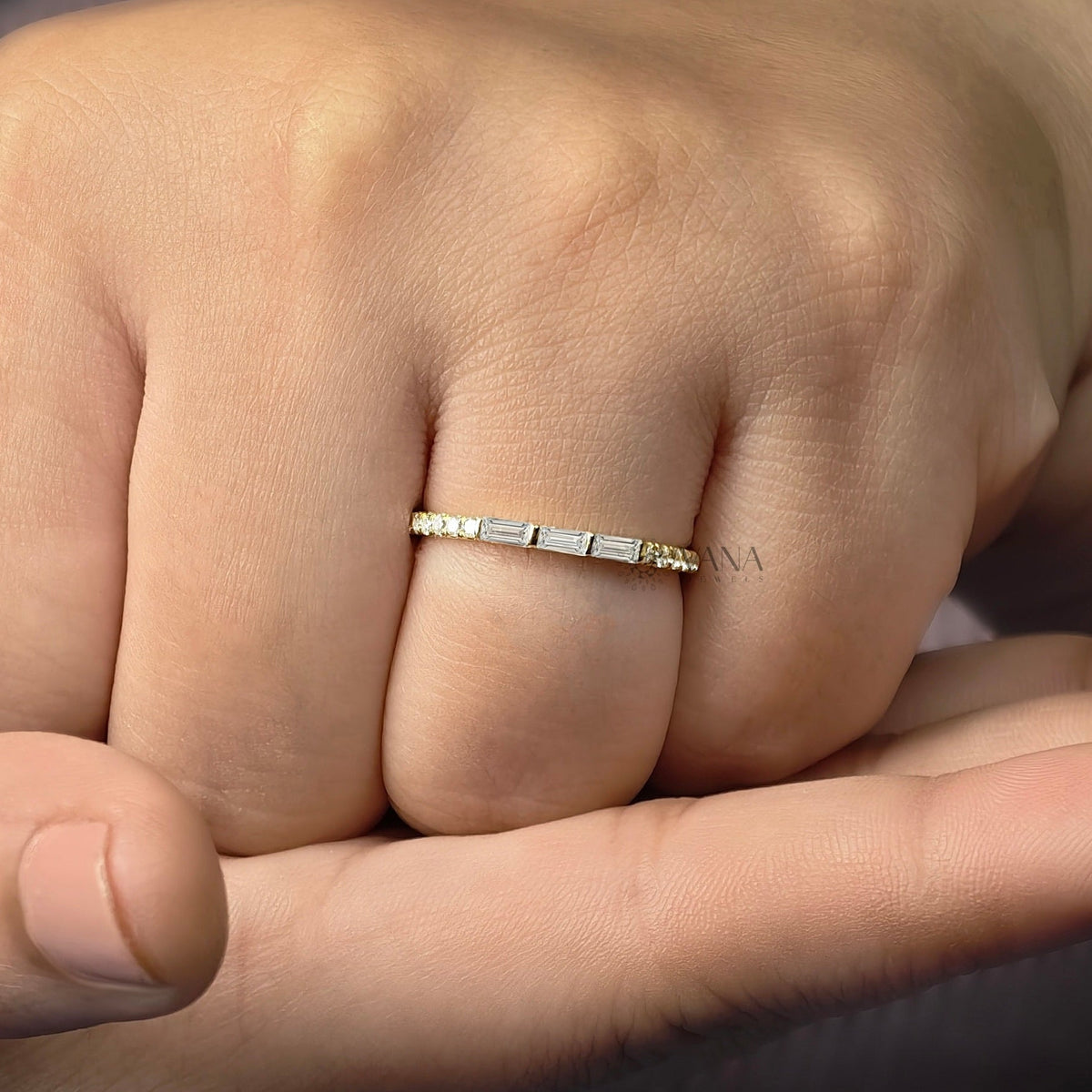 Baguette and Round Cut Moissanite Stackable Wedding Band in Gold