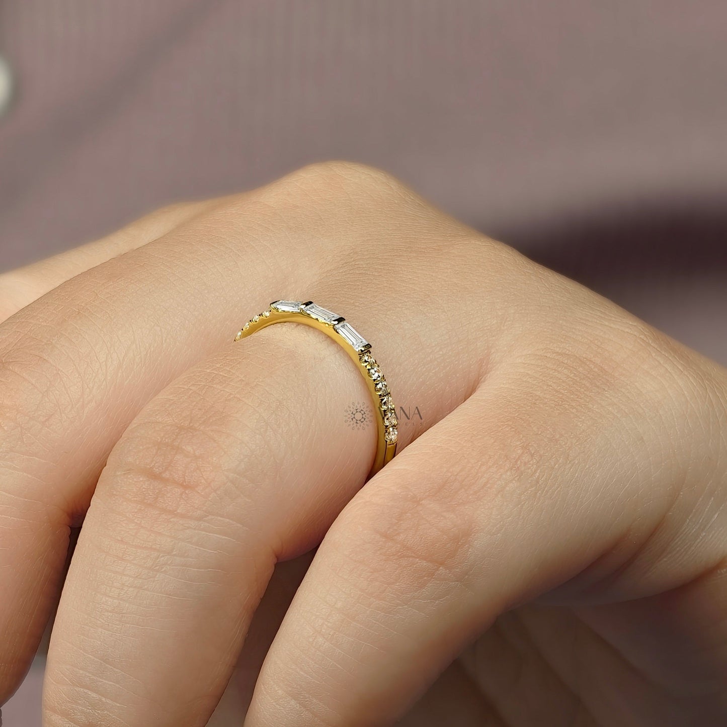Baguette and Round Cut Moissanite Stackable Wedding Band in Gold