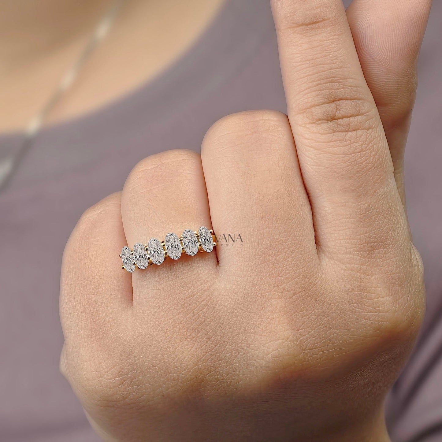 Oval Cut Moissanite Wedding Band, White Gold Stackable Anniversary Ring