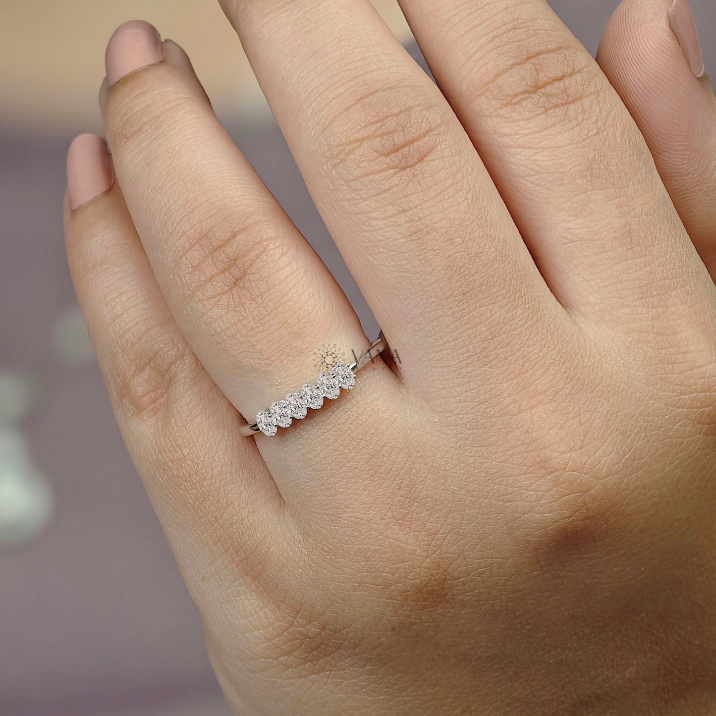 Oval Cut Moissanite Wedding Band, White Gold Stackable Anniversary Ring