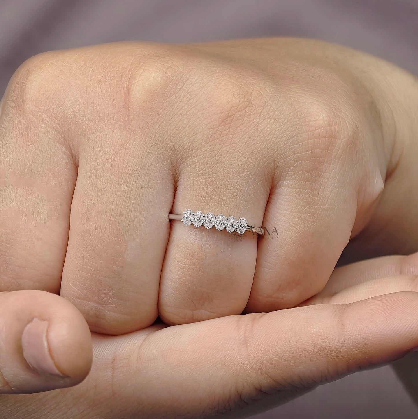 Oval Cut Moissanite Wedding Band, White Gold Stackable Anniversary Ring