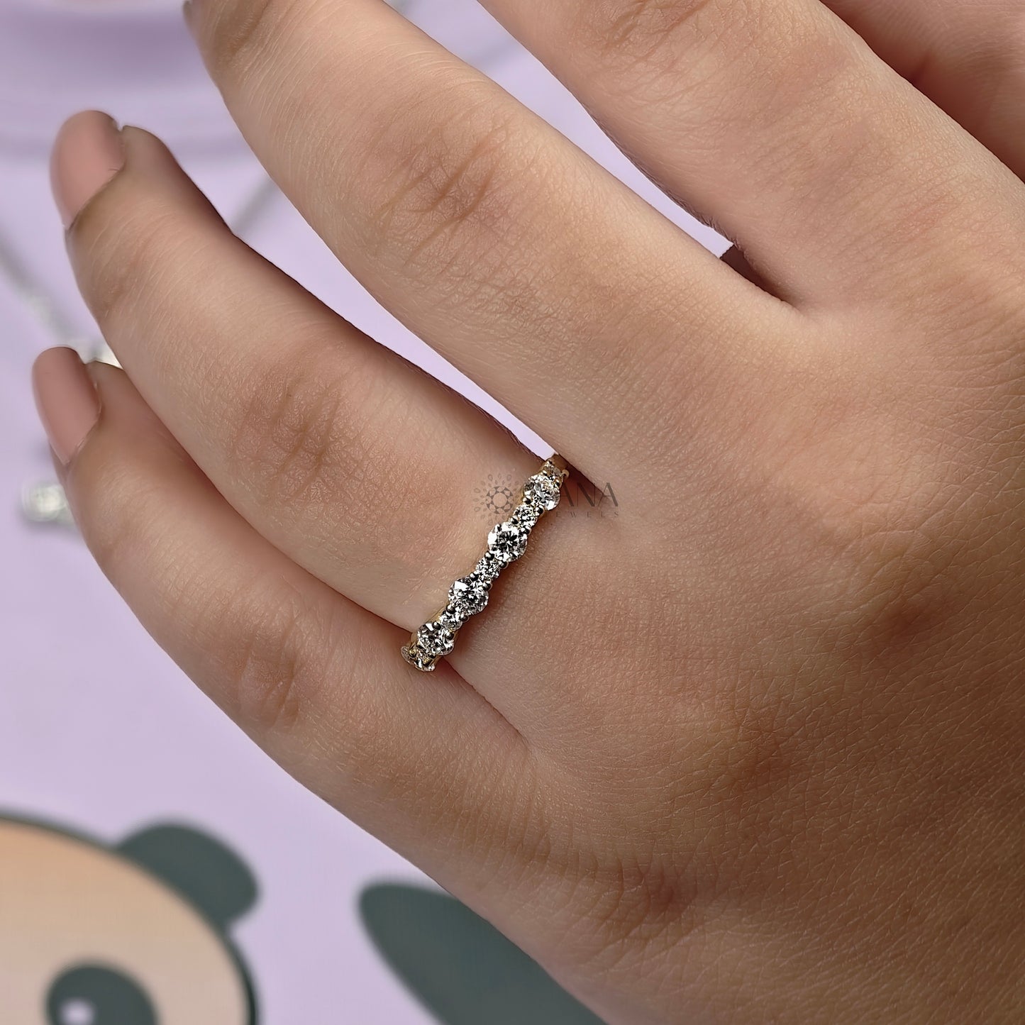 Floating Bubble Round Moissanite Half Eternity Wedding Band in Yellow Gold Jewelry