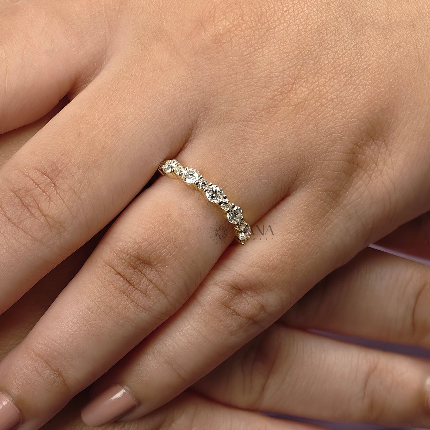 Floating Bubble Round Moissanite Half Eternity Wedding Band in Yellow Gold Jewelry