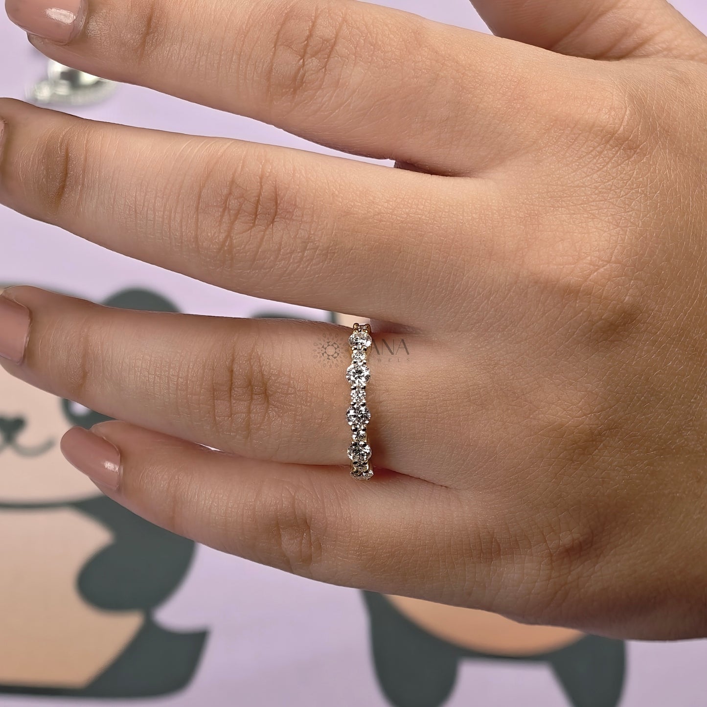 Floating Bubble Round Moissanite Half Eternity Wedding Band in Yellow Gold Jewelry